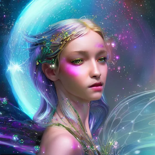 Prompt: portrait of a magical fairy made of galaxies, highly detailed, realistic, octane render, comic book art, space travel, unreal engine, sharp focus