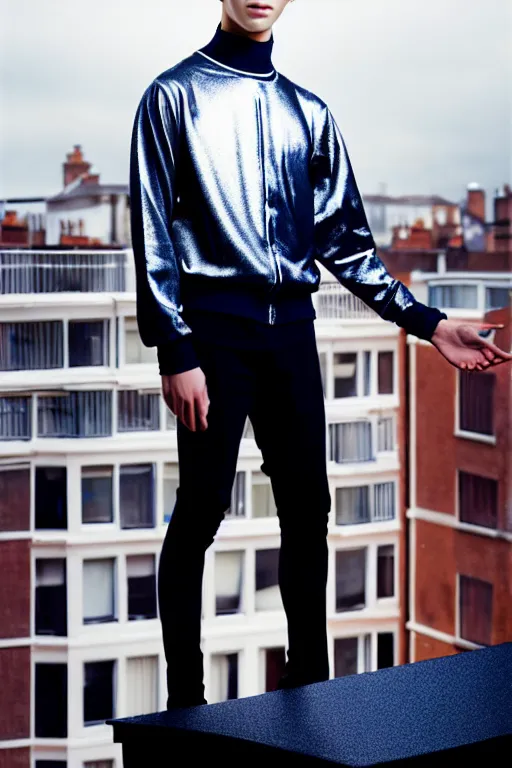 Image similar to un ultra high definition studio quality photographic art portrait of a young man standing on the rooftop of a british apartment building wearing soft padded silver pearlescent clothing. three point light. extremely detailed. golden ratio, ray tracing, volumetric light, shallow depth of field. set dressed.