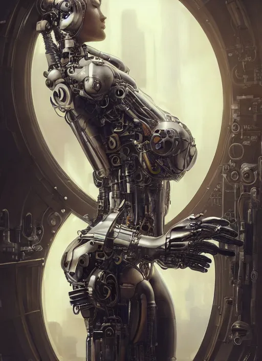 Image similar to Ultra realistic full shot of a cyborg woman under repair ,with mechanical arms that fix it, cyberpunk,sci-fi, fantasy,Kodak , soft light, volumetric lighting ,night, intricate, elegant, highly detailed, digital painting, artstation, concept art, smooth, sharp focus, illustration,art by artgerm and greg rutkowski and alphonse mucha