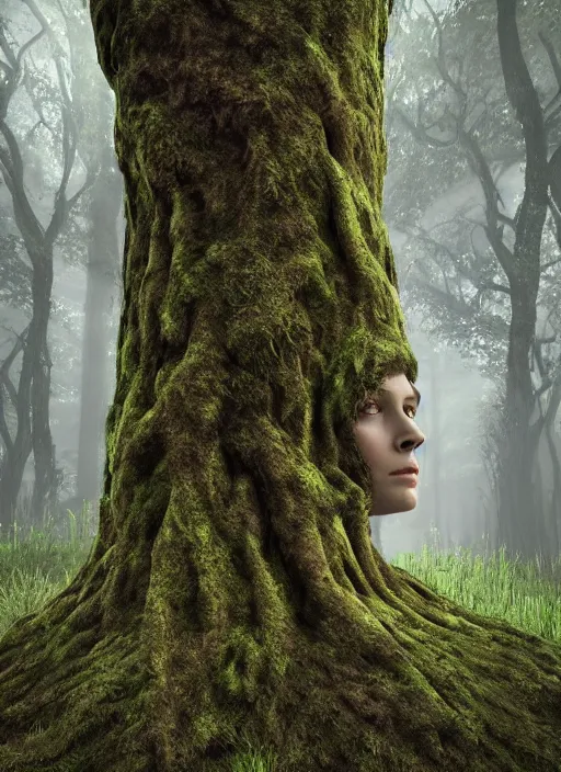 Image similar to photograph of hyperrealistic hyperdetailed ancient woman face in the shape of a tree covered with bark and moss, in a dark mysterious forest, unreal engine, octane,