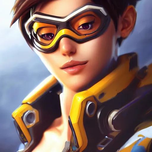 Prompt: tracer overwatch portrait, close up, concept art, intricate details, highly detailed photorealistic in the style of dandonfuga, joel torres, seseon yoon, artgerm and warren louw