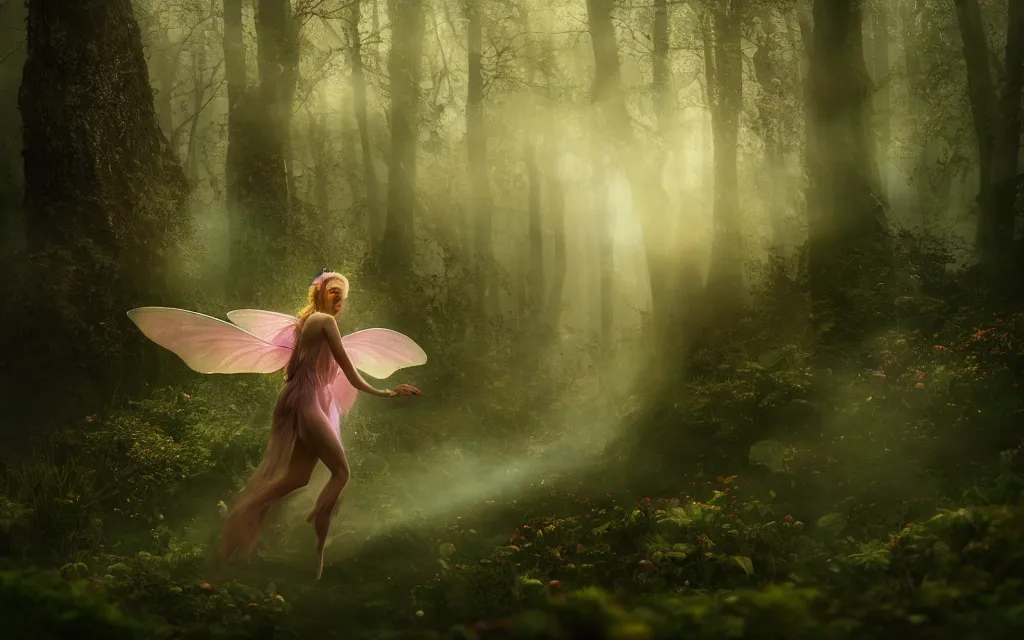 Image similar to a beautiful faery wearing petals made of chiffon folds, beautiful face, silk luminescent, iridescent, pearlescent, glint, rays, spring season, in a dense forest, twilight light, film grain, cinematic, wild flowers, clear river running trough the woods, mist, dreamy, 8 k, octane rendering