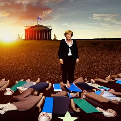 Image similar to angela merkel standing heroically on a pile of dead bodies while waving the eu flag during sunset, hyper realistic with detailed shadows