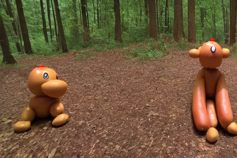 Image similar to trail cam footage of a humanoid hot dog with arms and legs