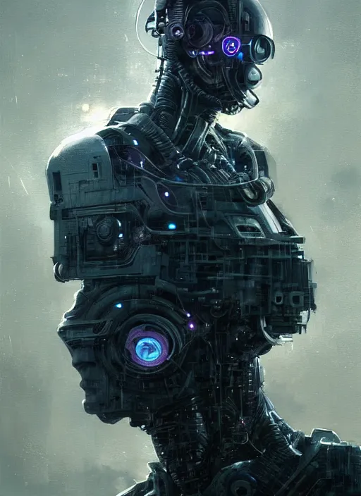 Image similar to handsome man half covered face with cybernetic enhancements as seen from a distance, scifi character portrait by greg rutkowski, esuthio, craig mullins, 1 / 4 headshot, cinematic lighting, dystopian scifi gear, gloomy, profile picture, mechanical, half robot, implants, solarpunk