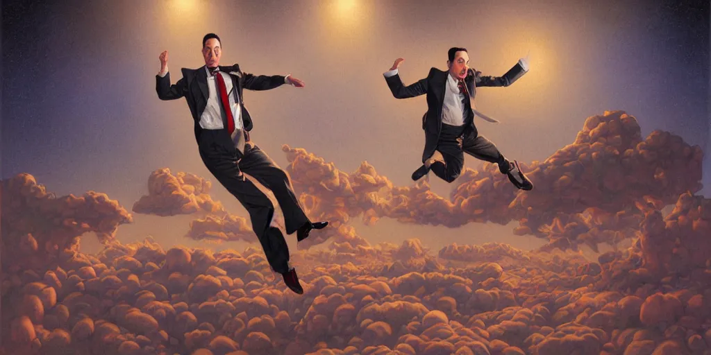 Prompt: Portrait of pee-wee herman leaping to the side, highly detailed, digital painting, artstation, concept art, illustration, dramatic lighting, art by donato giancola