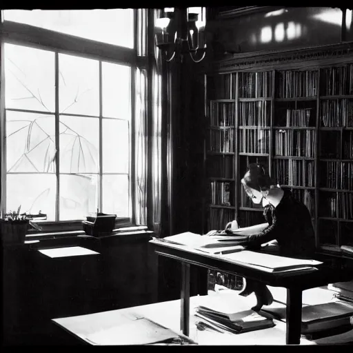 Image similar to 1920, a beautiful architecture, inside an elegant female writer room, Remington typewriter, many plants, piles of books, beautiful light, long shadows, 35 mm lens