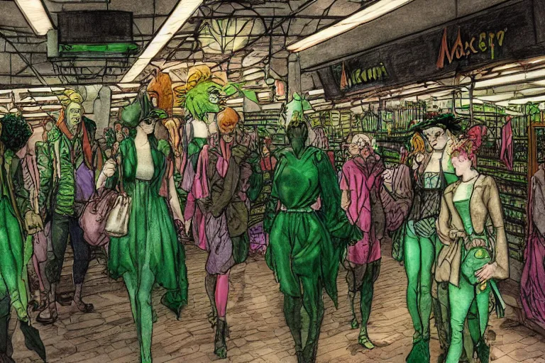 Prompt: group of green haired women walking through a super market aisle, in the style of Greg Broadmore and Arthur Rackham and Moebius, trending on artstation, light lighting side view,digital art,surrealism ,macro,blueprint ,vaporwave ,