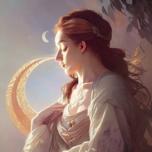 Image similar to Portrait of a moon, intricate, elegant, highly detailed, digital painting, artstation, concept art, smooth, sharp focus, illustration, art by artgerm and greg rutkowski and alphonse mucha