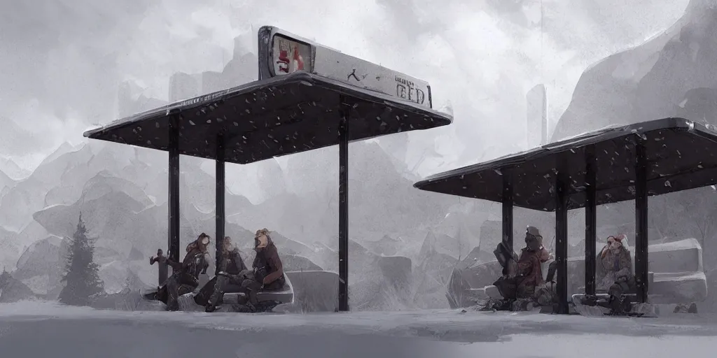 Prompt: concept art of a bus stop for the far north in style of marc simonetti