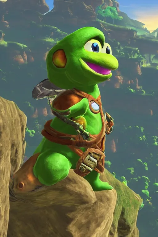 Image similar to an in game portrait of yoshi from the legend of zelda breath of the wild, breath of the wild art style.