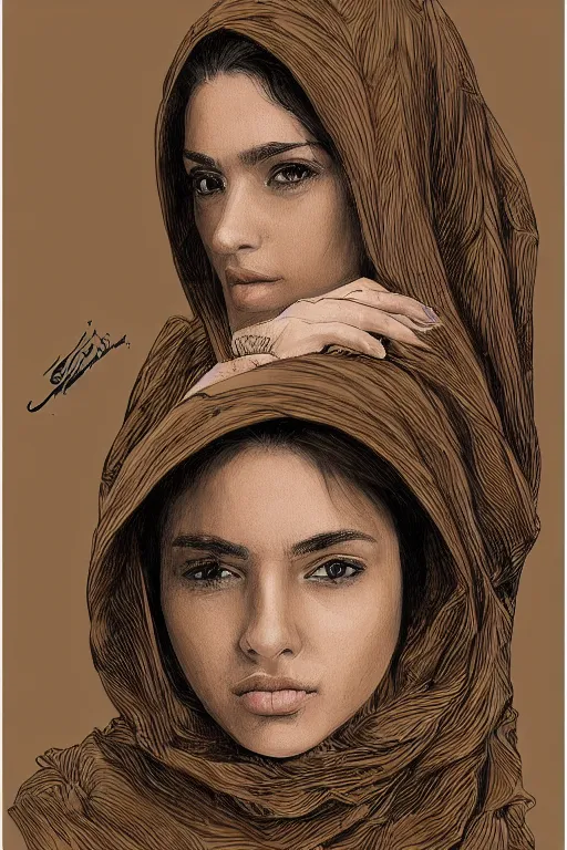 Prompt: short brown hair arab spanish shy young woman in beige hoodie, Diwani calligrapher using bamboo pen, cinematic lighting, hyper-detailed, cgsociety, trending on artstation, high resolution, in the style of Elena Masci, by John Samuel Agar