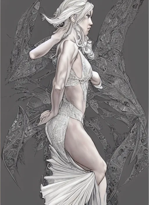 Image similar to symmetry!! intense fanart of back pose of emma frost as acotar protagonist, traditional queen dress, intricate, hyper detailed background, elegant, highly detailed, my rendition, digital painting, artstation, concept art, smooth, sharp focus, illustration, art by artgerm, greg rutkowski and alphonse mucha, by hajime sorayama and boris vallejo