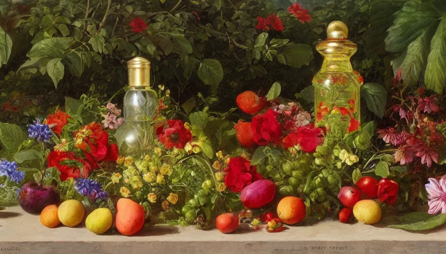 Prompt: perfume bottle in a garden of glorious bounty of summer fruits and flowers, by william mason brown