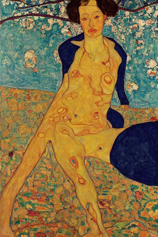 Prompt: girl waer detailed golden arabesque dress and lay down on a detailed navy persian carpet with a big tree palm persian pot, painting by egon schiele