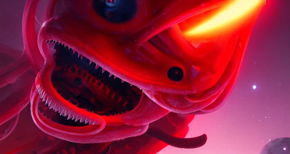 Image similar to A wide shot of a squid with sharp translucent teeth in space art by Maciej Kuciara and Jason Chan, ominous, cosmic horror, trending on artstation, Ultra detailed, hyper realistic, telephoto lens 4k