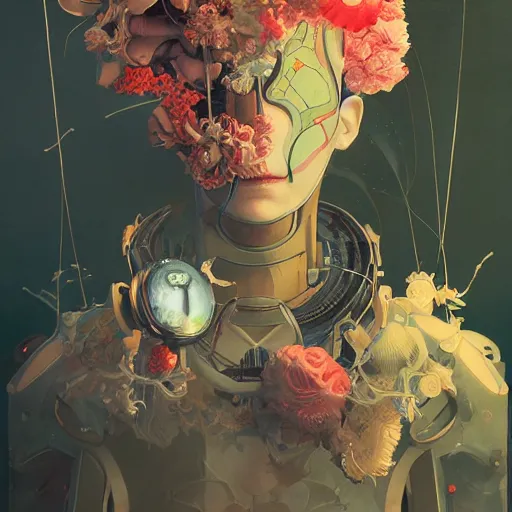 Image similar to surreal gouache painting, by yoshitaka amano, by ruan jia, by conrad roset, by kilian eng, by good smile company, detailed anime 3 d render of a mechanical android head with flowers growing out, portrait, cgsociety, artstation, modular patterned mechanical costume and headpiece, retrowave atmosphere