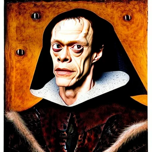 Image similar to portrait of the son of chris hemsworth willem dafoe steve buscemi, oil painting by jan van eyck, northern renaissance art, oil on canvas, wet - on - wet technique, realistic, expressive emotions, intricate textures, illusionistic detail