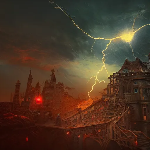 Image similar to a flying steampunk fortress, intricate, behrens style, octane render, fantasy digital art, beautiful composition, trending on artstation, night, meteors, lightning!!!, lightning, lightning, dramatic lighting, red glow, eldritch