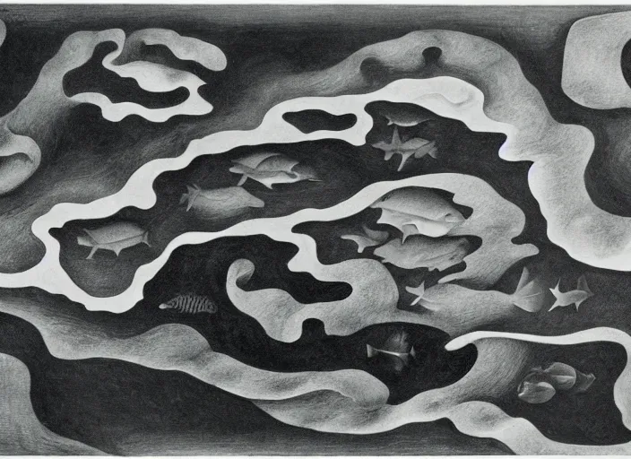 Image similar to an underwater landscape painted by georgia o'keeffe, mc escher, gordon onslow ford and ippolito caffi,