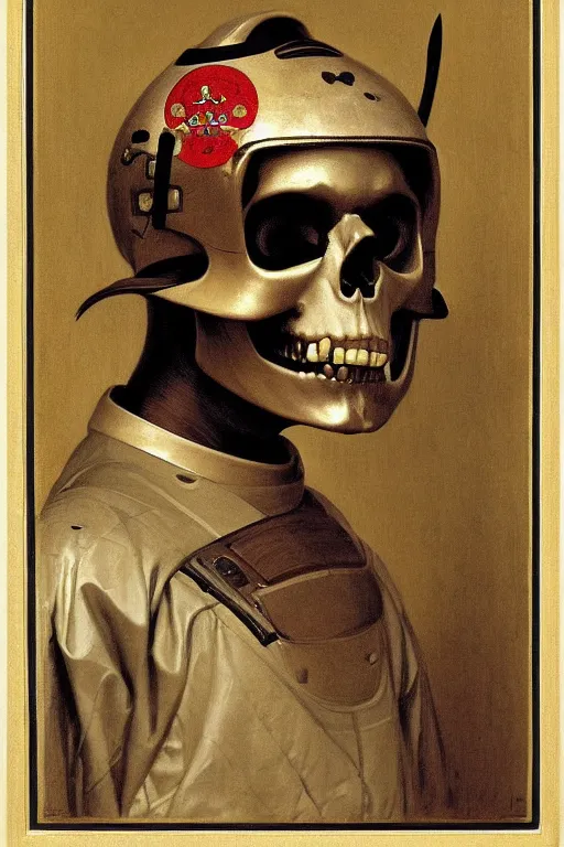 Prompt: portrait of a skull man samurai astronaut in samurai helmets an ancient human species, single person, by bouguereau