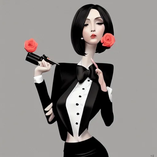 Image similar to slim girl in black tuxedo, corporate boss, luxury, 2d, ultra highly detailed, smooth, sharp focus, digital art, digital painting, fan art, elegant, artstation, by Ilya Kuvshinov