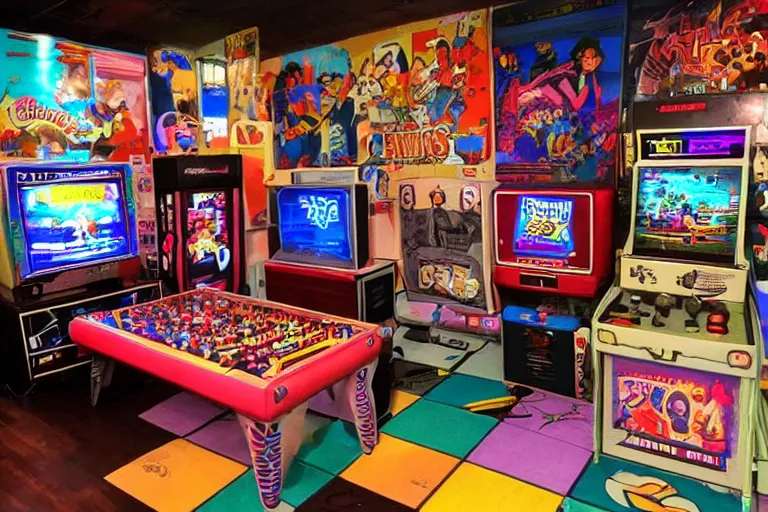 Prompt: photo of a 1 9 8 0 s video game room