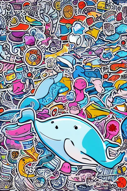 Image similar to Whale, sticker, anthropomorphic, colorful, fantasy, artstation, illustration, highly detailed, simple, smooth and clean vector curves, no jagged lines, vector art, smooth