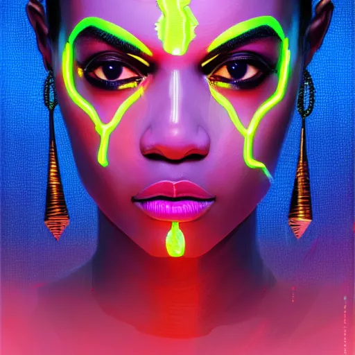 Prompt: african neon demon, science fiction, highly detailed, digital painting, beautiful eyes, symmetry, concept art, sharp focus, volumetric lighting, illustration, global illumination, radiant light, synthwave colors, detailed and intricate environment, art by artgerm and greg rutkowski and magali villeneuve and ilya kuvshinov!