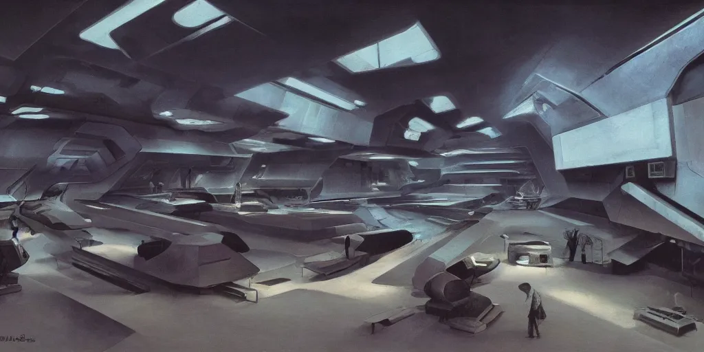 Image similar to a futuristic brutalist museum interior with holograms all over, ralph maquarrie and syd mead cinematic painting, 4 k