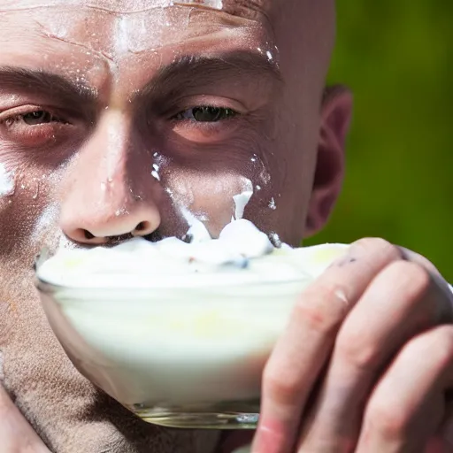 Image similar to close up photo of a fully clothed bald crimean man with yoghurt dripping from his face