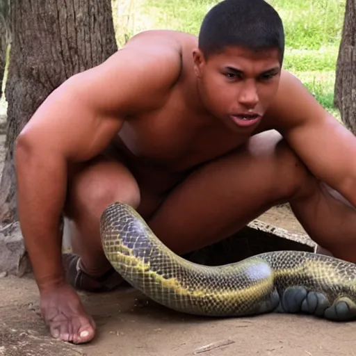 Image similar to man has a huge anaconda between his legs, 8 k hd,