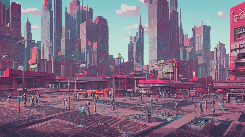 Prompt: street level view of empty plaza in retro robot city at the other side of nowhere, sharp digital painting. retrofuturism. concept art. artstation. casey weldon. digital render. dan mumford.