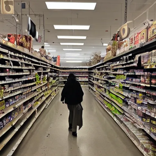 Prompt: a liminal grocery store with a 8 ft dark ominous figure standing between the aisle, liminal, highly detailed