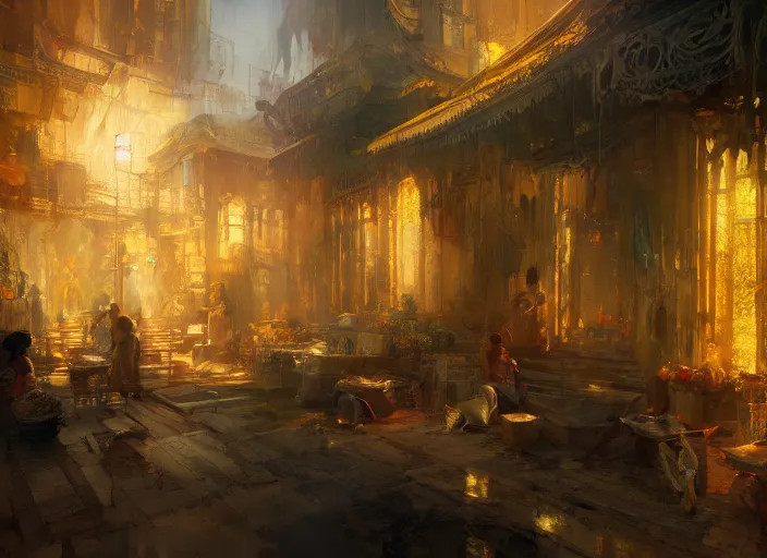 Image similar to the rich golden house and poor people around volumetric lighting, digital painting, highly detailed, artstation, sharp focus, illustration, concept art, ruan jia, steve mccurry, amazing composition