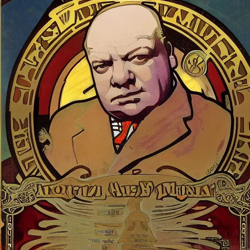 Image similar to alphonse mucha portrait of Winston Churchill as the God of War, smoking a cigar, detailed, stylized, realistic, deep hues, cool tones, dark, strong