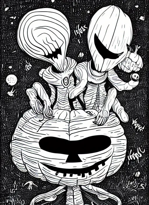 Prompt: an alien with an evil looking pumpkin head, spooky halloween theme, illustration line art style