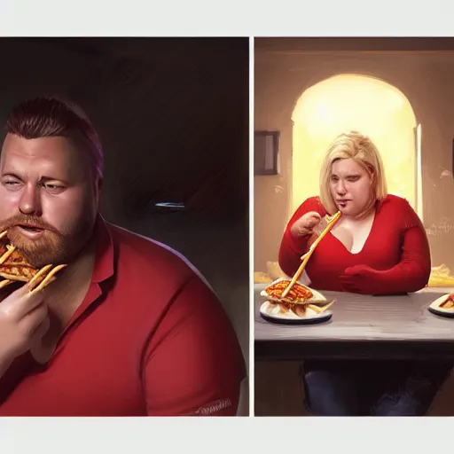 Image similar to portrait of a blonde chubby woman eating kebab, light stubble with red shirt ,digital art,photorealistoc,art by greg rutkowski,hyperdetailed,western comic style,comic,comic style,sharp lineart,professional lighting,deviantart,artstation,trevor henderson,rossdtaws,cinematic,dramatic