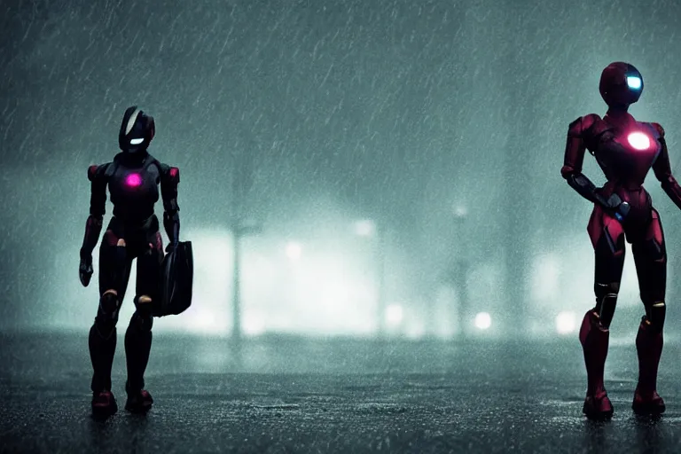 Prompt: vfx marvel sci-fi woman black super hero robot photo real full body action pose closeup, city street cinematic lighting, rain and fog by Emmanuel Lubezki