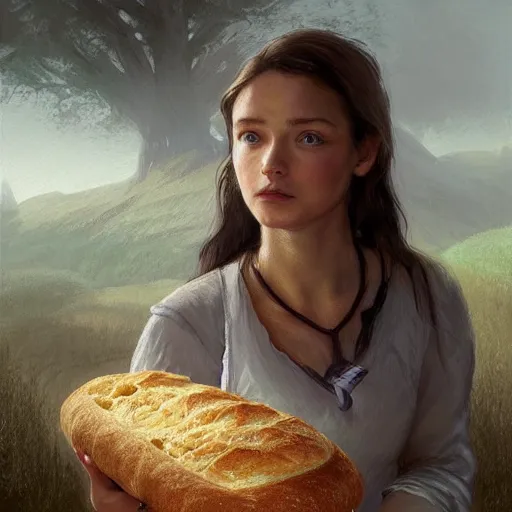 Prompt: epic portrait An waitress enjoying loaf of bread, white uniform, short sleeved, brown long haired, blurry viking village backround, digital painting, artstation, concept art, soft light, hdri, smooth, sharp focus, illustration, fantasy, intricate, elegant, highly detailed, D&D, matte painting, in the style of Greg Rutkowski and Alphonse Mucha and artemisia, 8k, highly detailed, jurgens, rutkowski, bouguereau, pastoral, rustic, georgic