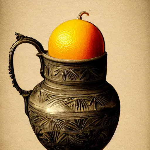 Image similar to still art, antique jug with palms inside, old candle, much vegetables, lemon, orange, pepper, cinematic light, detailed, digital art, concept art, trending on artstation, highly detailed, intricate, sharp focus, digital art, 8 k