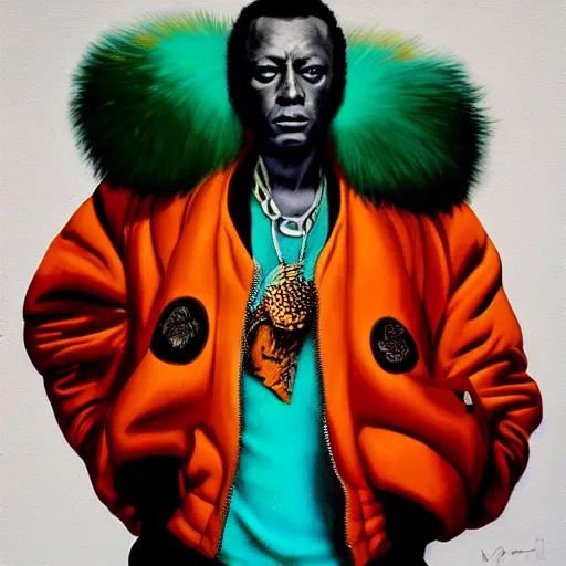 Image similar to beautiful fantasy character portrait, miles davis, bitches brew, wearing orange puffy bomber jacket with teal fur, by malti klarwein