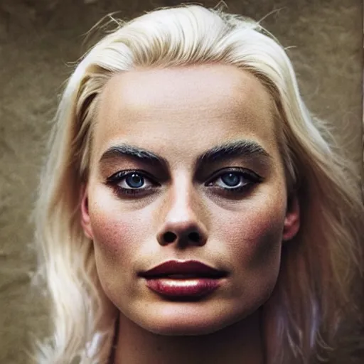 Prompt: photo of margot robbie as a paladin, full platinum blond, bleached eyebrows, pale skin, freckle, by vivian maier, realistic, high detail, high quality, trending on pinteresst