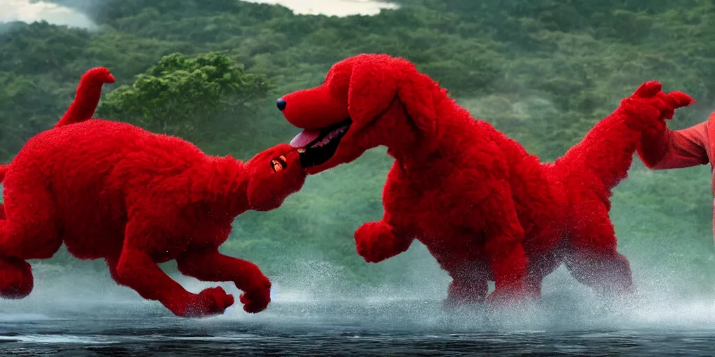 Image similar to clifford the big red dog fighting godzilla