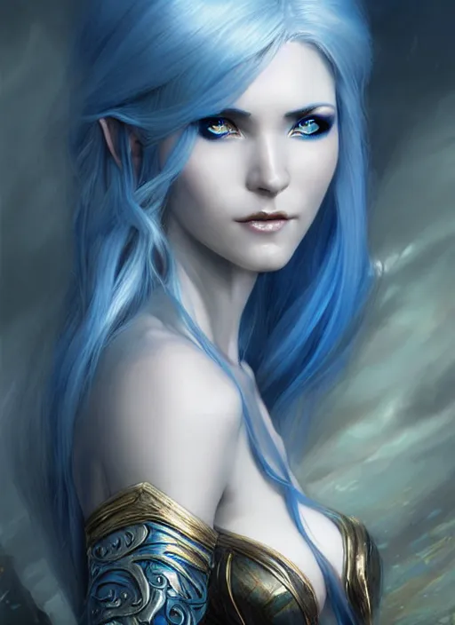 Image similar to d & d concept art of gorgeous elven woman with blue hair in the style of stefan kostic, realistic, half body shot, sharp focus, 8 k high definition, insanely detailed, intricate, elegant, art by stanley lau and artgerm, luis royo, foggy backgeound, fantasy