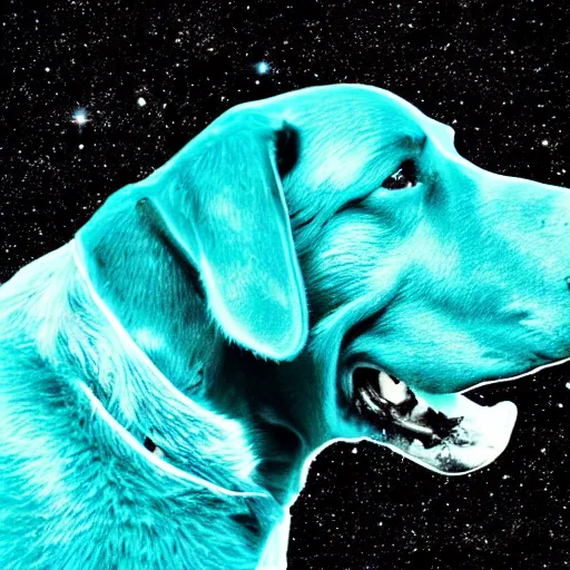 Image similar to a photograph of a huge turquoise colored dog in space