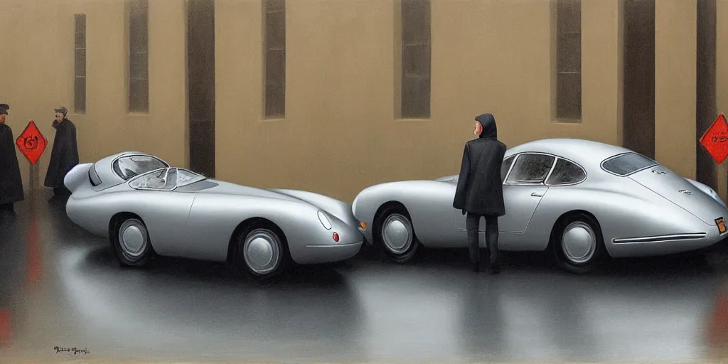 Image similar to Mysterious figure at a silver Porsche 550 with its headlights on, parked on the side of the road in the city of Cologne in the rain, by George Tooker, moody, ominous, lighting, hyper-realistic.