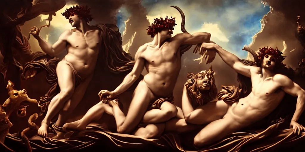 Image similar to a revel with Dionysus and Silenus, by Rolf Armstrong and Evelyn De Morgan and Bastien Lecouffe-Deharme, dramatic lighting, high contrast colors, baroque, empyrean, panoramic view, as trending on Artstation, highly detailed, doom engine,