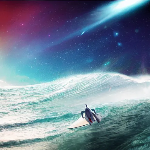 Image similar to photo of a alien surfing a surfboard on a crashing l wave of alien ocean in space, background is an alien galaxy, aliens in the background, alien colors, octane render, unreal engine, wide view, 8 k, high detaild