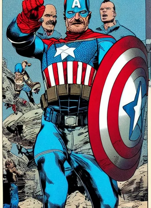 Prompt: Walter White as Captain America by Moebius, vintage 1960 print
